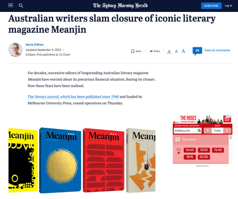 Screenshot of article appearing in The Sydney Morning Herald titled Australian writers slam closure of iconic literary magazine Meanjin