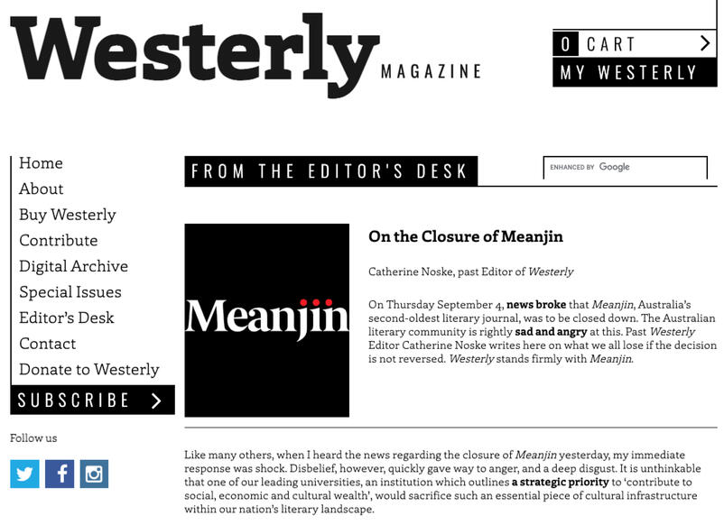 Screenshot of article appearing on Westerly site titled From the Editor's Desk: On the Closure of Meanjin