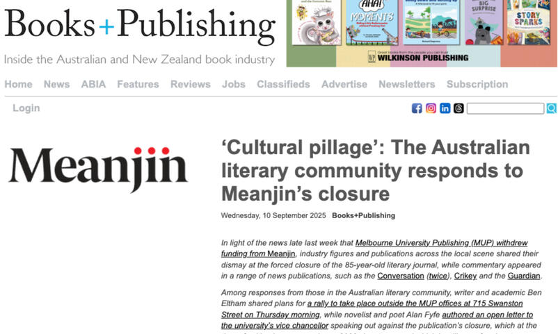 Screenshot of article appearing in Books+Publishing compiling public reactions