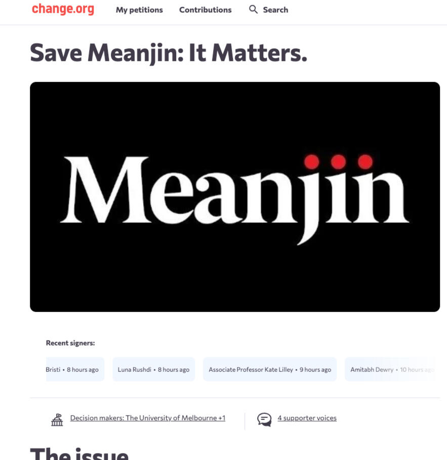 Screenshot of Change.Org Petition for Save Meanjin: It Matters.