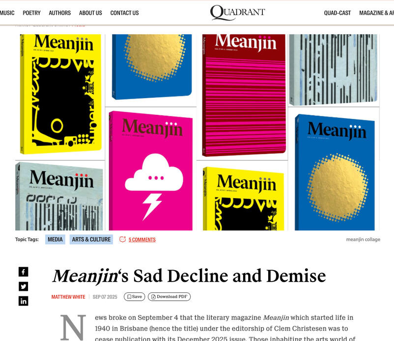 Screenshot of article appearing in Quadrant titled Meanjin‘s Sad Decline and Demise published 7 September 2025