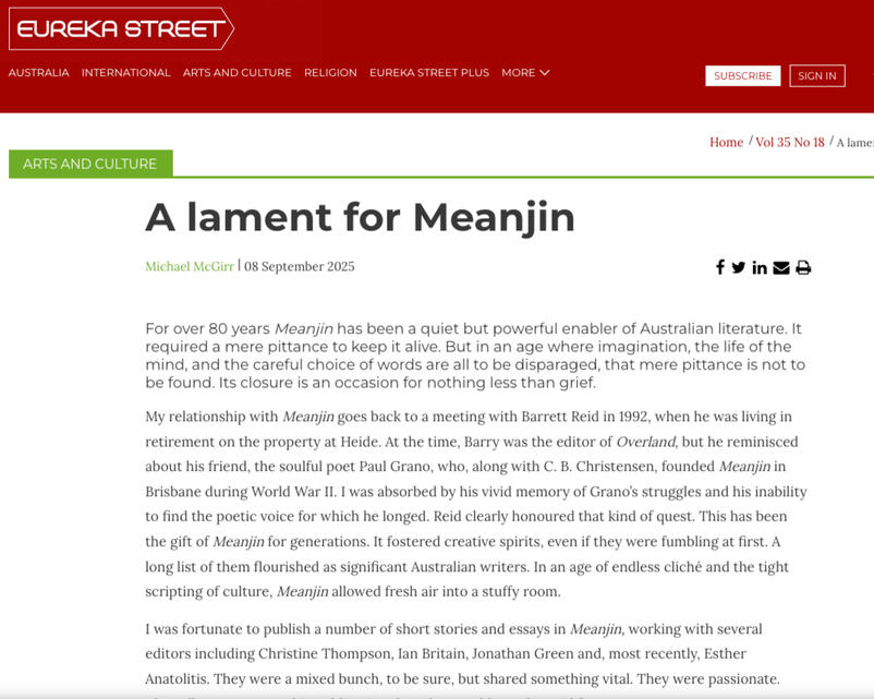 Screenshot of article appearing on Eureka Street site titled A lament for Meanjin