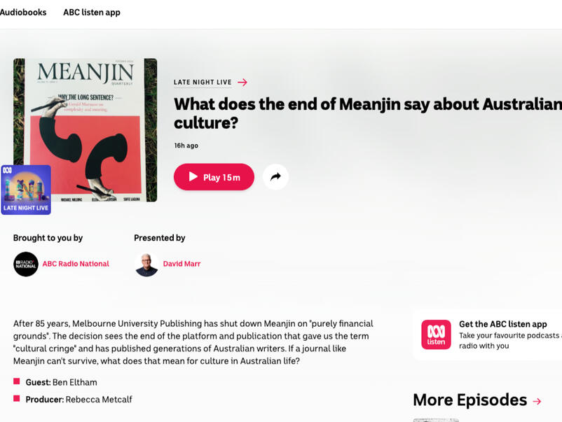 Screenshot of ABC Radio National website featuring program titled What does the end of Meanjin say about Australian culture?