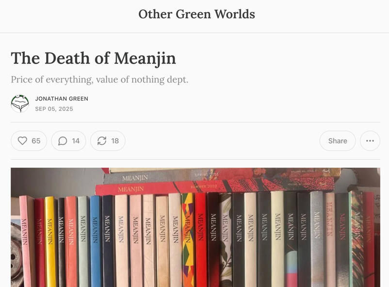 Screenshot of Other Green Worlds on SubStack site titled The death of Meanjin: Price of everything, value of nothing dept.