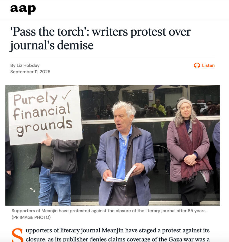 Screenshot of AAP article by Liz Hobday titled 'Pass the torch': writers protest over journal's demise