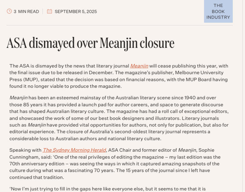 Screenshot of article appearing on ASA site titled ASA dismayed over Meanjin closure