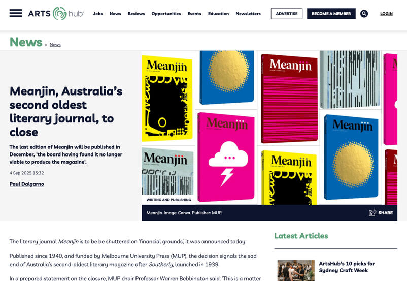 Screenshot of article appearing in ArtsHub titled Meanjin, Australia’s second oldest literary journal, to close