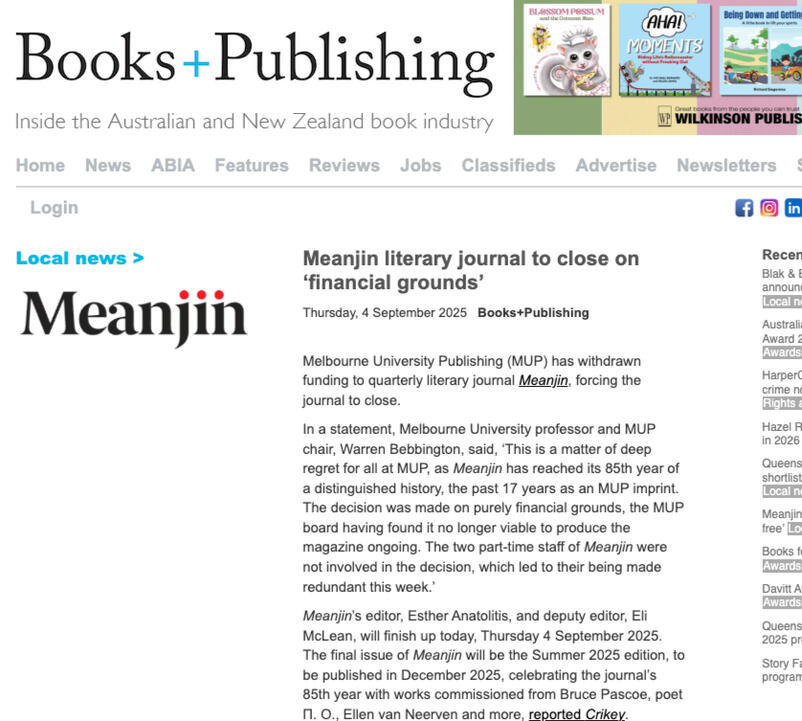 Screenshot of Article appearing on Books+Publishing titled Meanjin literary journal to close on ‘financial grounds’