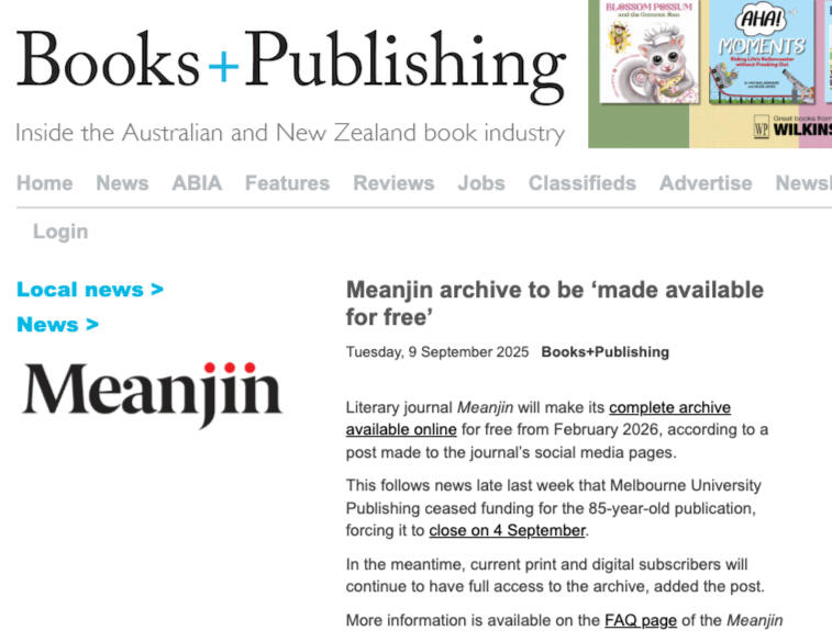 Screenshot of Books+Publishing website showing article titled Meanjin archive to be 'made available for free'