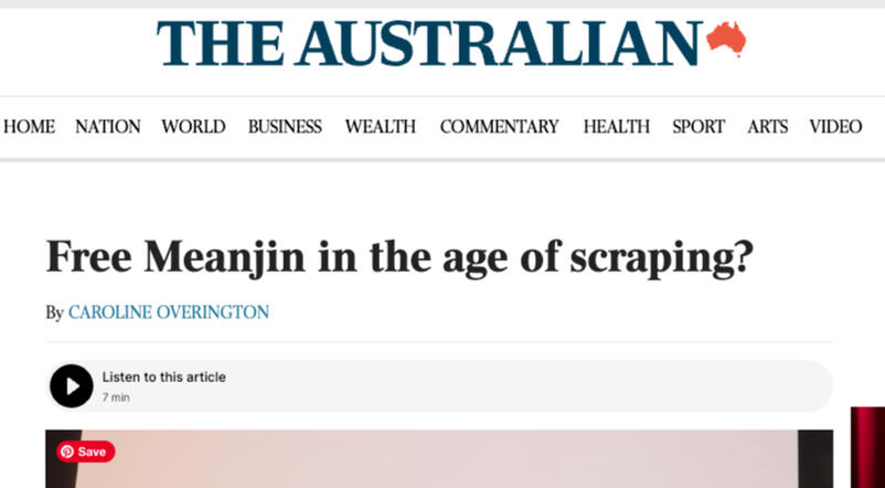 Screenshot of The Australian Website highlighting headline Free Meanjin in the age of scraping? by Caroline Overton