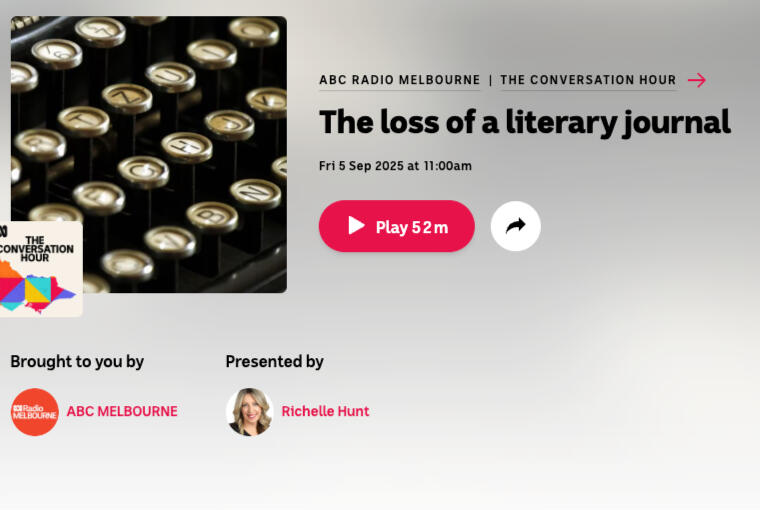 Screnshot from ABC Radio Melbourne Website shoowing listiening options for program: The Conversation Hour, 5 September 2025: The loss of a literary journal, Richelle Hunt interviews Sophie Cunningham