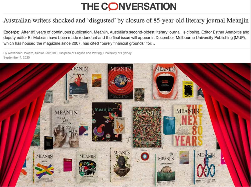 Image used in article appearing in The Conversation by Alexander Howard titled Australian writers shocked and ‘disgusted’ by closure of 85-year-old literary journal Meanjin