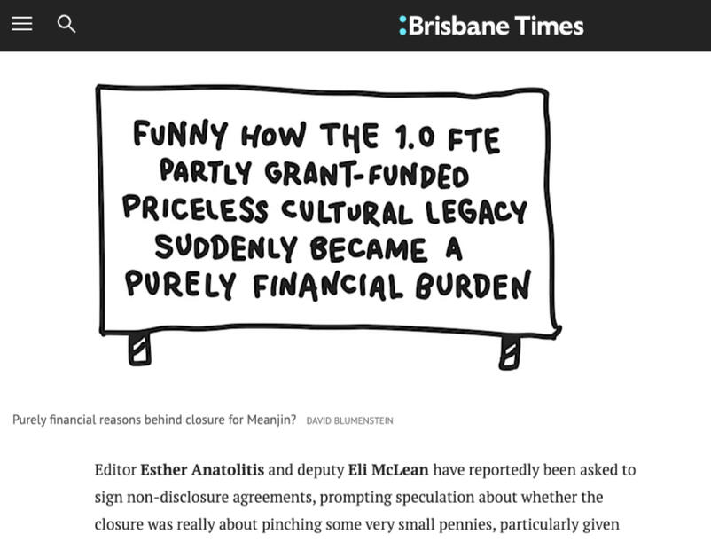 Screenshot of Brisbane Times article by Charlotte Grieve and Linda Morris on 11 September 2025 titled ‘Don’t stack up’: Writers protest over Meanjin closure