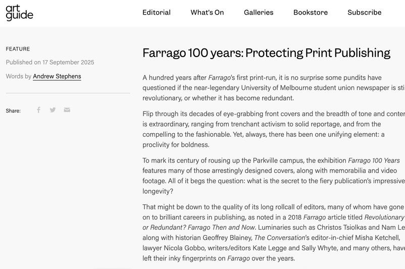 Screenshot of artguide Website with article title: "Farrago 100 years: Protecting Print Publishing by Andrew Stephens on 18 September 2025