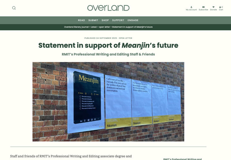 Screenshot of Overland website Statement in support of Meanjin’s future from RMIT’s Professional Writing and Editing Staff & Friends published on 24 September 2025
