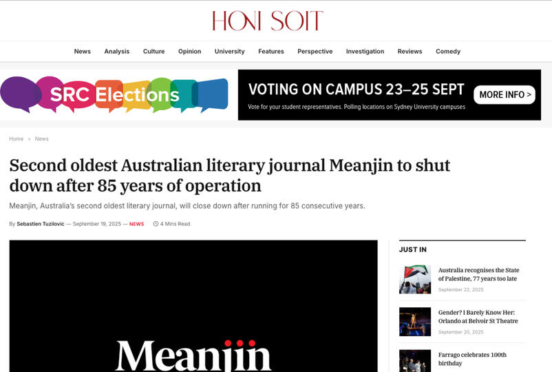 Screenshot of article on Honi Soit website on 19 September 2025 by Sebastien Tuzilovic titled Second oldest Australian literary journal Meanjin to shut down after 85 years of operation