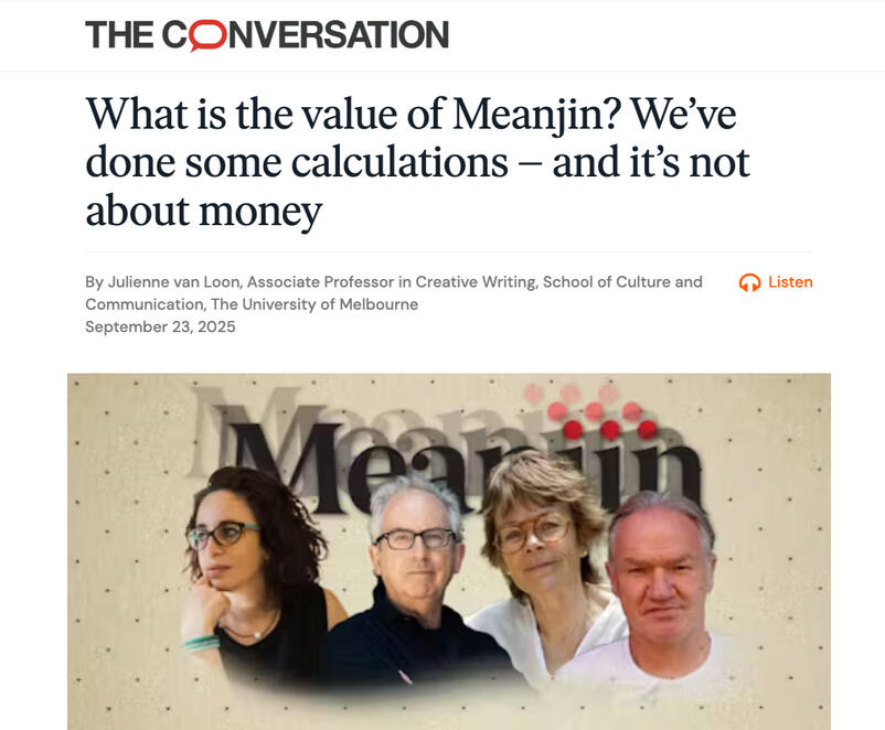 Screenshot of The Conversation article by Julienne van Loon titled What is the value of Meanjin? We’ve done some calculations – and it’s not about money